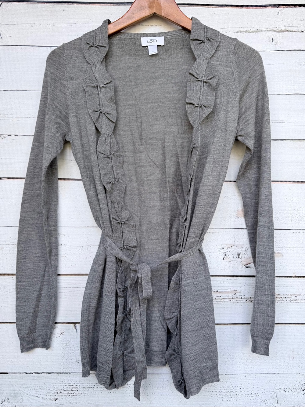LOFT Ruffle Trim Open Front Belted Cardigan Sweater - Small